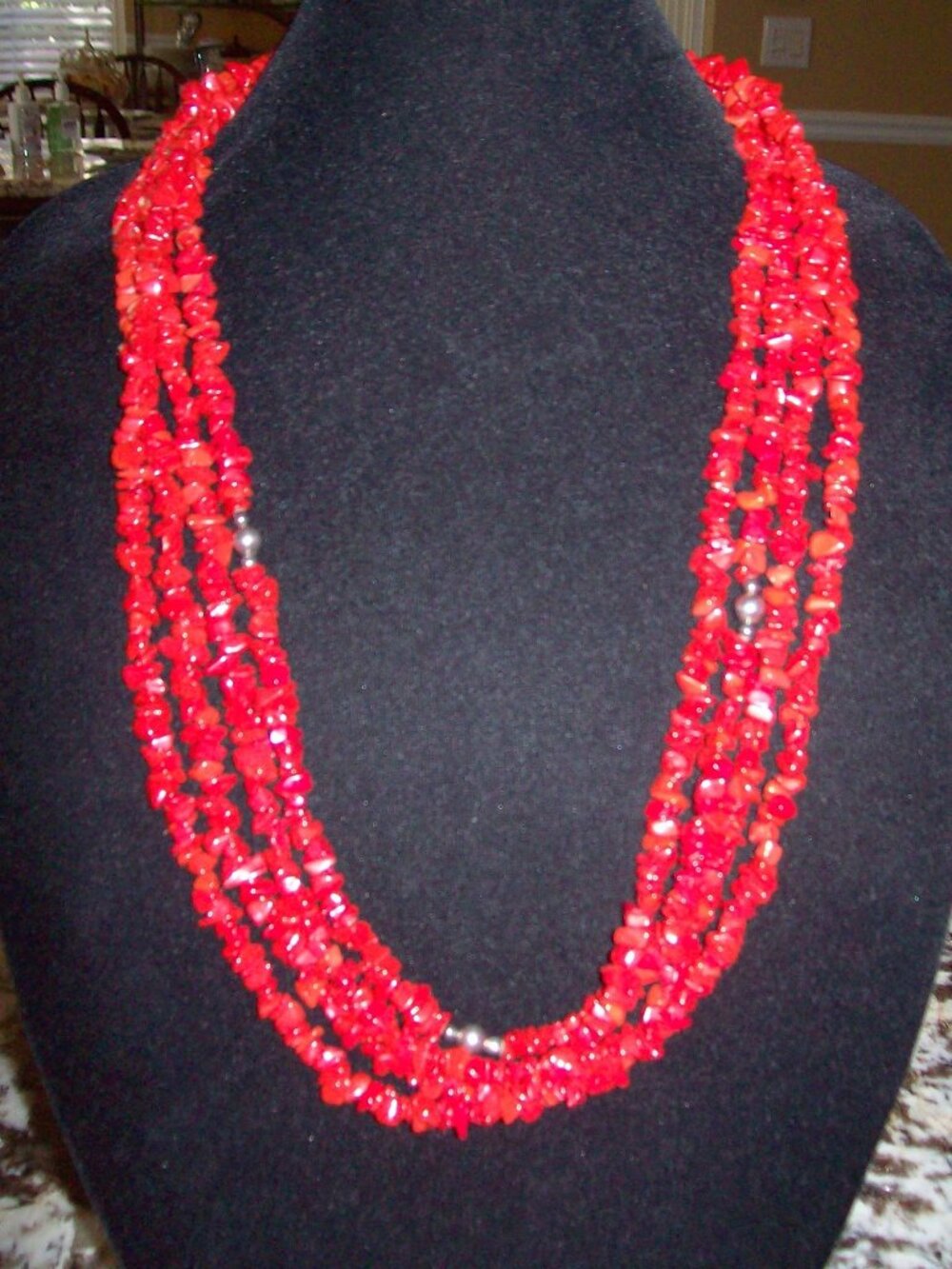 Vintage Sterling Silver "Saki 925" Dyed Coral 4-Strand Necklace